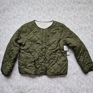 NWT Old Navy Girls Quilted jacket Reversable Olive Green Sherpa Large 10 12
